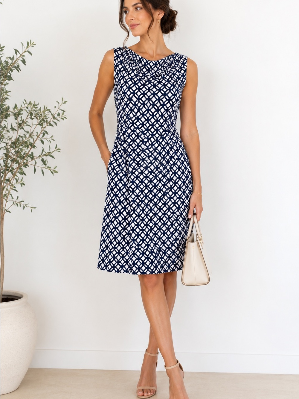 Lauren Ralph Lauren Navy & White Geometric Stretch Dress Size 12